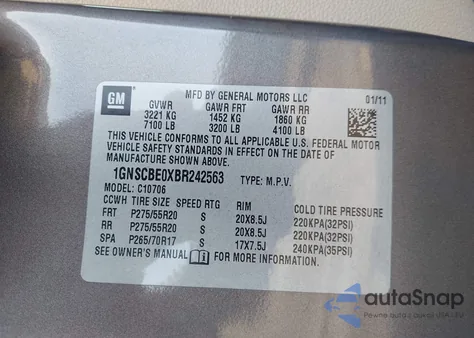 2011 Chevrolet Tahoe Lt z USA, uszkodzony, nr VIN 1GNSCBE0XBR242563